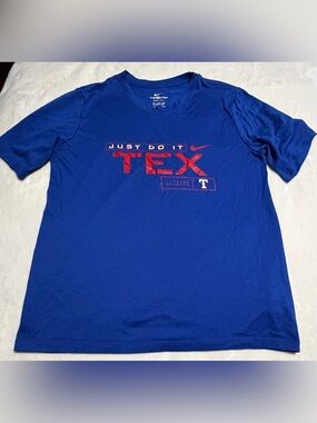 Nike Royal Blue Short-Sleeve Texas Rangers Graphic Tee with Red Print